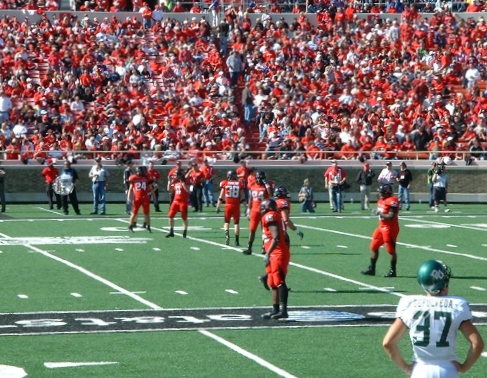 Texas Tech players between plays against Baylor in Lubbock on November 4, 2006. Historical team photograph; pictured players are not current participants.